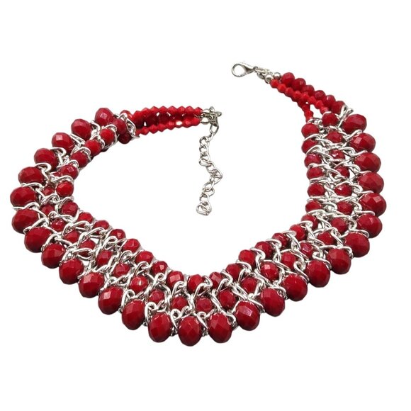 Amrita Singh Cleo Red Beaded Bib Necklace, Vintage Multi Strand with Fabulous - Picture 2 of 5